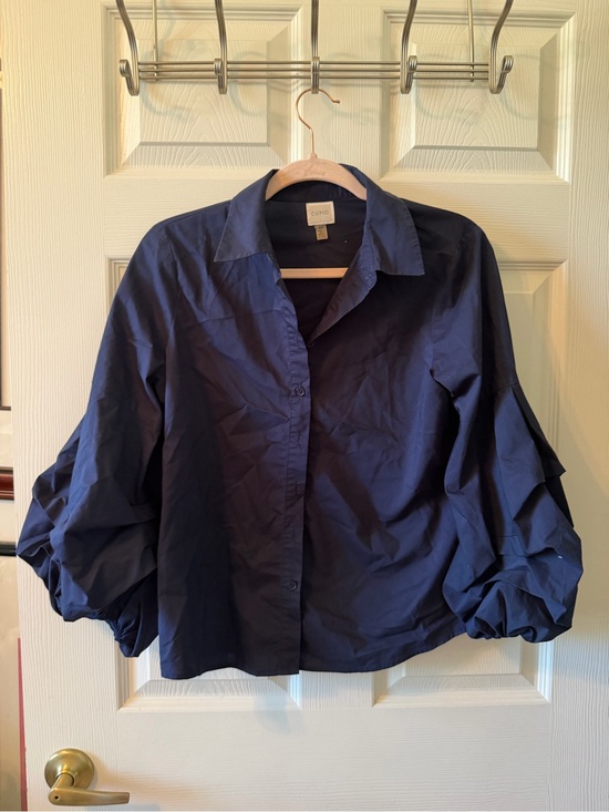 Cupio Tops - Cupio Navy Button-Front Blouse with Balloon Sleeves